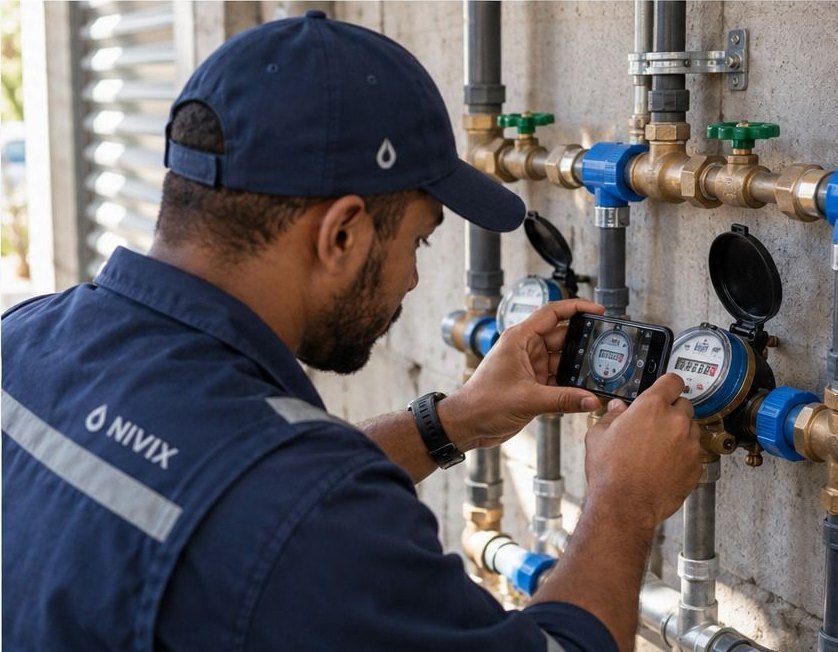 Técnico da Nivix, de uniforme, fotografando com o celular o visor de um hidrômetro instalado em um barrilete com tubulações e registros.