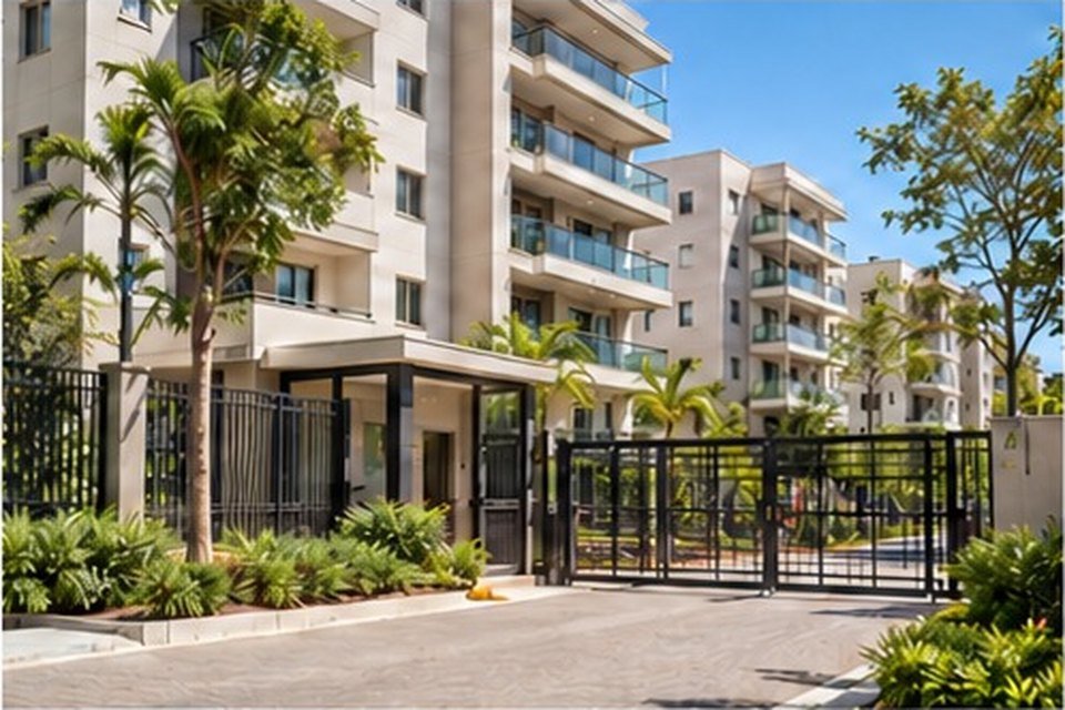 Entrada de um condomínio residencial, com prédios de poucos andares, portão de acesso e jardim.