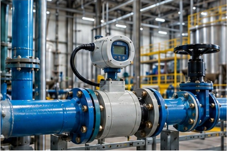 Tubulação industrial com medidor de vazão e registros instalados em uma planta.