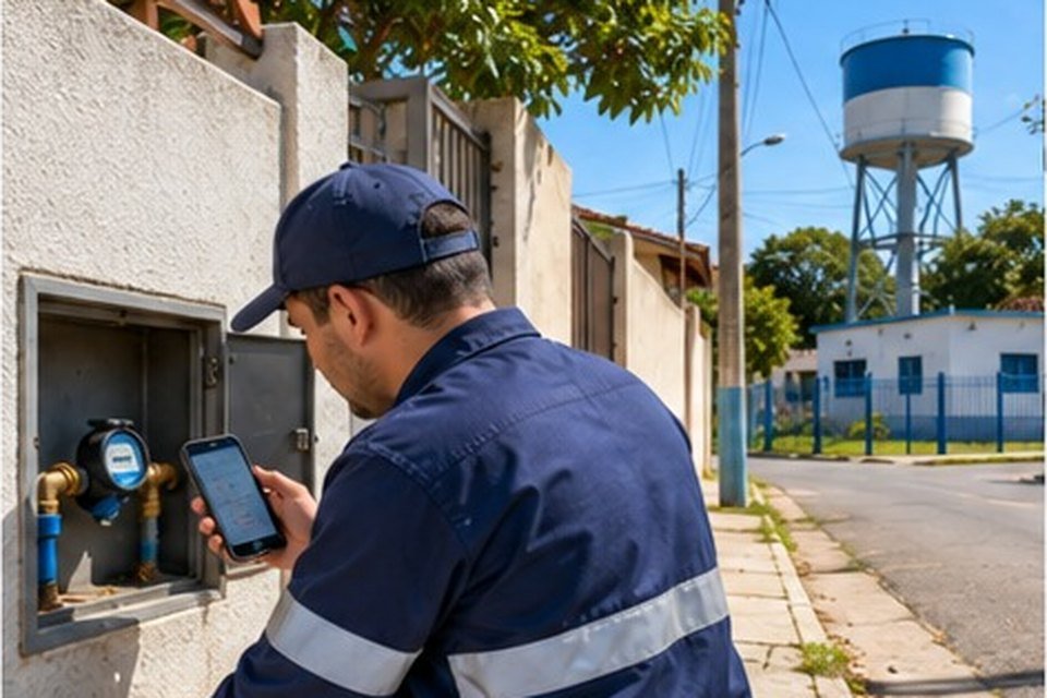 Leiturista de uniforme registrando no celular a leitura de um hidrômetro instalado no muro de uma residência; ao fundo, um reservatório elevado de água.